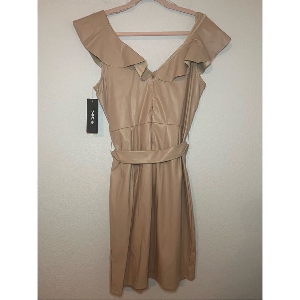 Bebe VEGAN LEATHER RUFFLE WRAP DRESS New - Picture 7 of 8